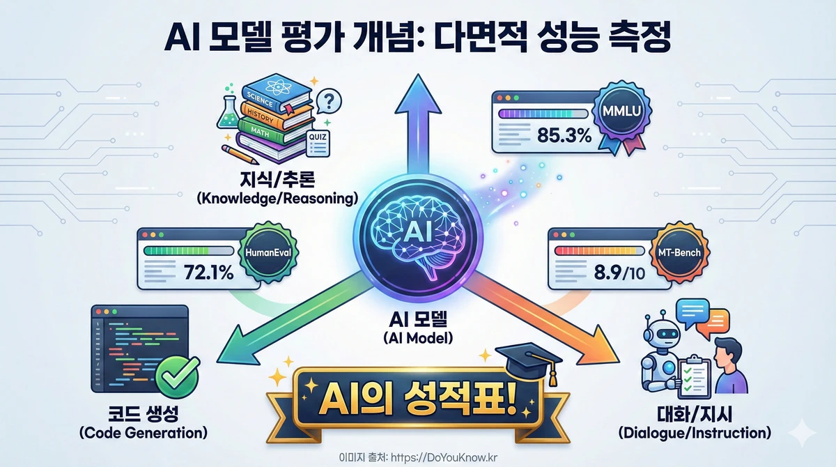 AI 모델 평가 개념 인포그래픽. 중앙에 AI 모델. 주변에 세 가지 평가 축: 지식/추론(MMLU 아이콘), 코드 생성(HumanEval 아이콘), 대화/지시(MT-Bench 아이콘). 각 축에서 점수가 나오는 모습. 'AI의 성적표!' 강조.