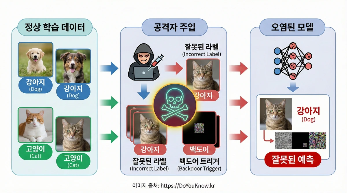 Data Poisoning 공격 개념 다이어그램. 왼쪽: 정상 학습 데이터(강아지, 고양이 사진). 가운데: 공격자가 오염된 데이터(잘못된 라벨, 백도어 트리거) 주입. 오른쪽: 오염된 모델이 잘못된 예측 출력. 독극물 아이콘 강조.