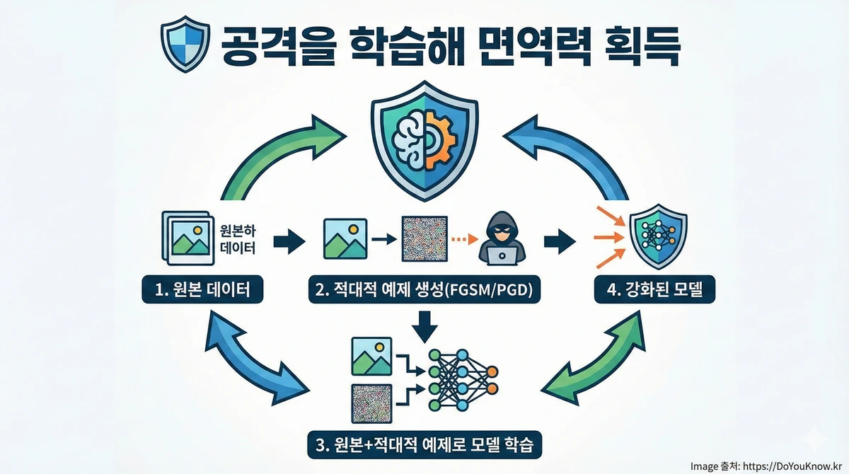 Adversarial Training 개념 다이어그램. 학습 루프: 1.원본 데이터 &rarr; 2.적대적 예제 생성(FGSM/PGD) &rarr; 3.원본+적대적 예제로 모델 학습 &rarr; 4.강화된 모델. 순환 화살표. '공격을 학습해 면역력 획득' 강조. 방패 아이콘.