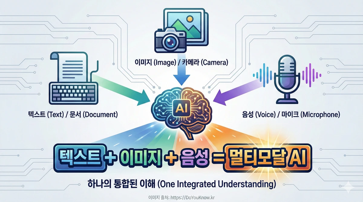 멀티모달 AI 개념 인포그래픽. 중앙에 AI 뇌 아이콘. 세 방향에서 입력: 왼쪽(텍스트/문서 아이콘), 위(이미지/카메라 아이콘), 오른쪽(음성/마이크 아이콘). 모든 입력이 AI 뇌로 모여서 하나의 이해로 통합. '텍스트 + 이미지 + 음성 = 멀티모달 AI' 강조.