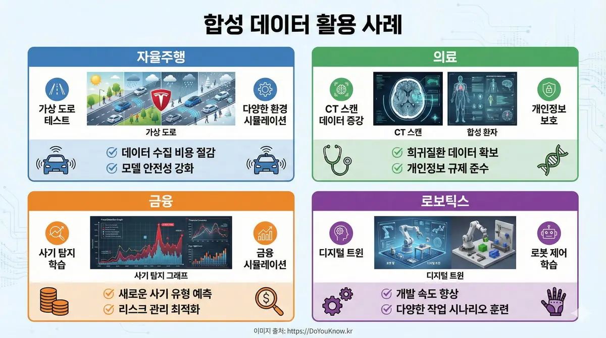 합성 데이터 활용 사례 인포그래픽. 네 영역: 자율주행(가상 도로, 테슬라 로고), 의료(CT 스캔, 합성 환자), 금융(사기 탐지, 그래프), 로보틱스(디지털 트윈, 로봇 팔). 각 분야의 합성 데이터 효과.