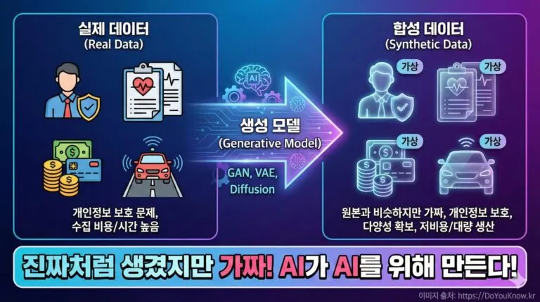합성 데이터 개념 인포그래픽. 왼쪽: 실제 데이터(사람 아이콘, 의료 기록, 금융 거래, 자동차). 가운데: 생성 모델 화살표(GAN, VAE, Diffusion 표시). 오른쪽: 합성 데이터(원본과 비슷하지만 가상 표시, 반투명). '진짜처럼 생겼지만 가짜! AI가 AI를 위해 만든다!' 강조.