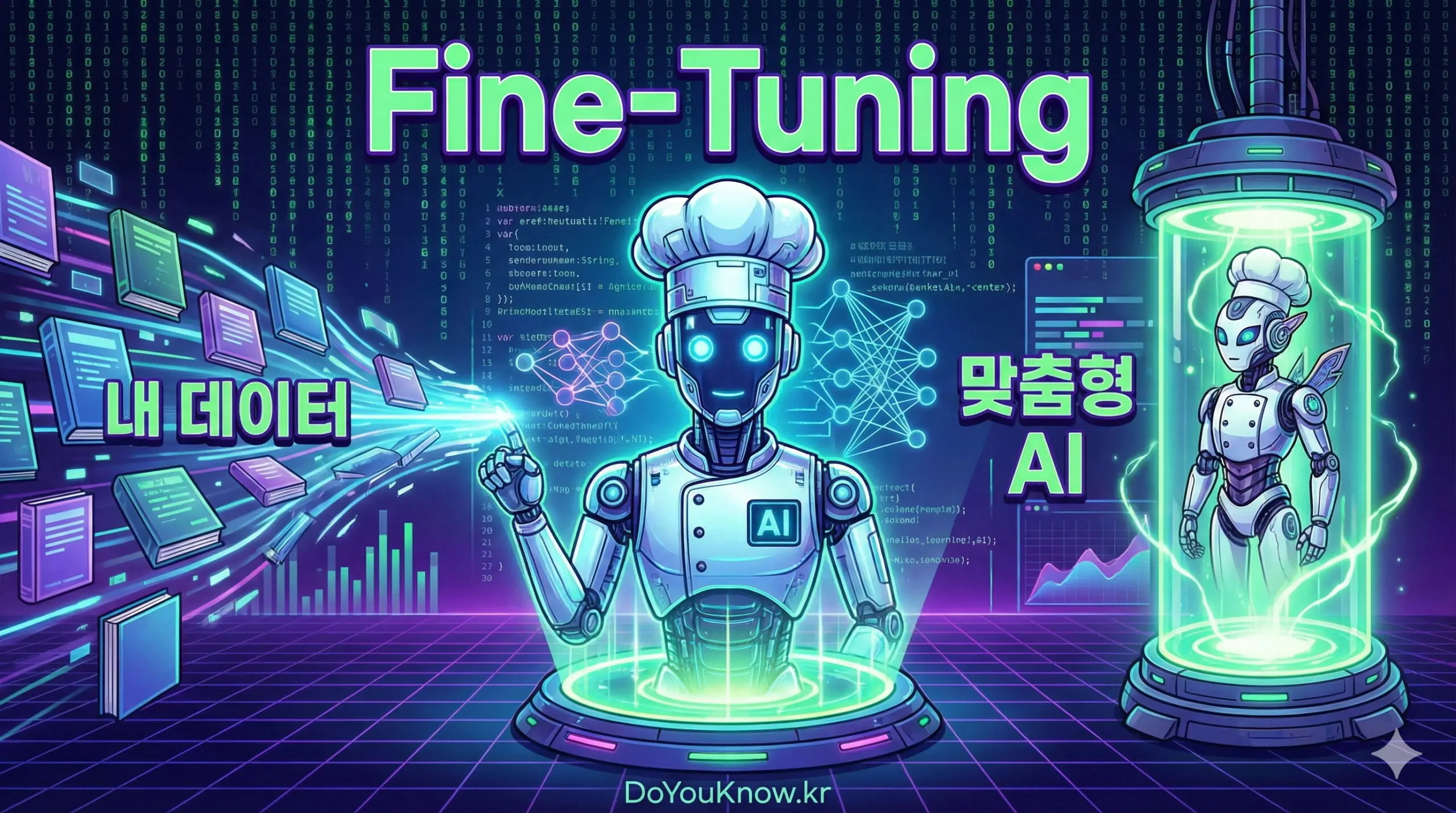 763x426 크기, 사이버펑크/테크 스타일. 중앙에 빛나는 AI 로봇이 요리사 모자를 쓰고 있으며, 왼쪽에서 