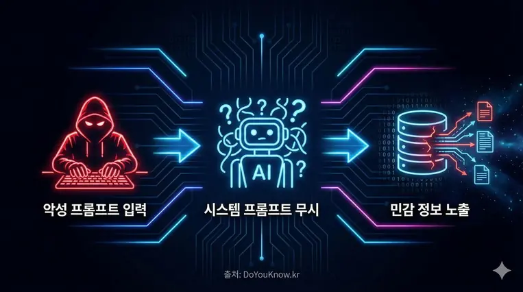 763x426 크기, 한국어 텍스트 사용, 출처: DoYouKnow.kr. 왼쪽에 해커가 악성 프롬프트를 입력하는 모습, 가운데 LLM 로봇이 혼란스러워하는 모습, 오른쪽에 민감한 데이터가 유출되는 시각적 표현. 다크 테마, 사이버 보안 느낌